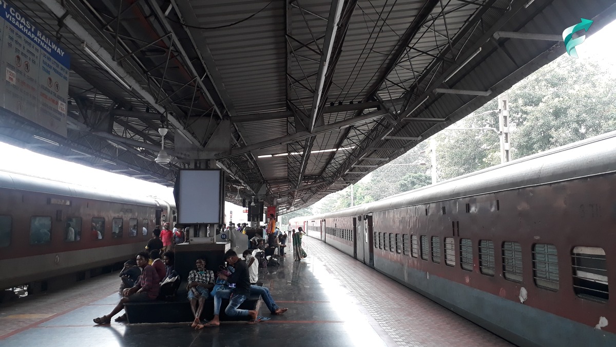 Passengers waiting on a platform at Visakhapatnam Junction railway station (file photo, October 2022 — not Cyclone Arnab)