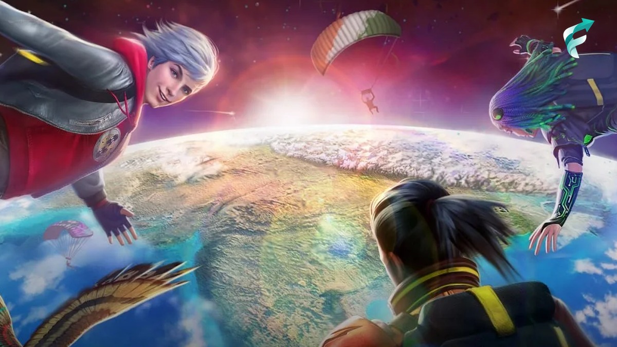 Free Fire India official artwork showing characters skydiving above the Earth